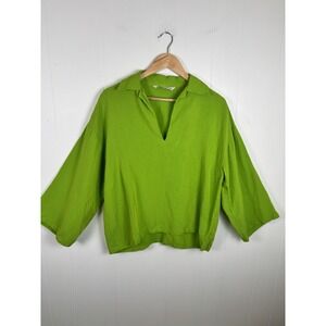 Zara Blouse Top Womens Medium Bright Green 3/4 Wide Sleeve Split V Neck Pullover